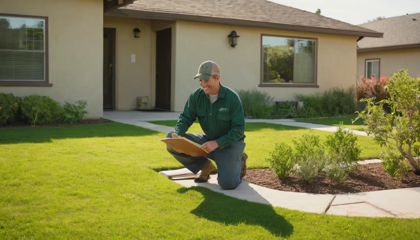A friendly local provider talking with a homeowner beside a septic access lid in a sunny yard near Pacifica
